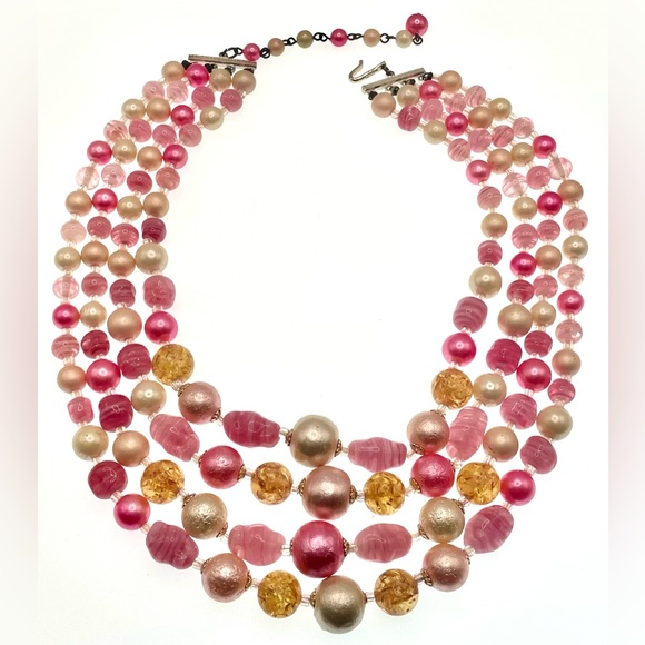 Vintage Signed Japan Multistrand Acrylic and Molded Glass Beaded Necklace MCM - Picture 3 of 9